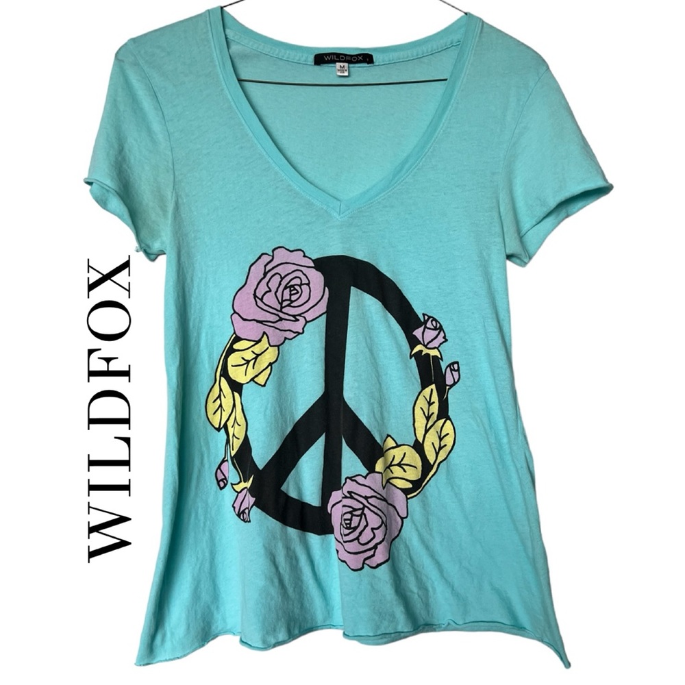 WILDFOX Rare Peace Floral Tee in Aqua Blue Size Medium